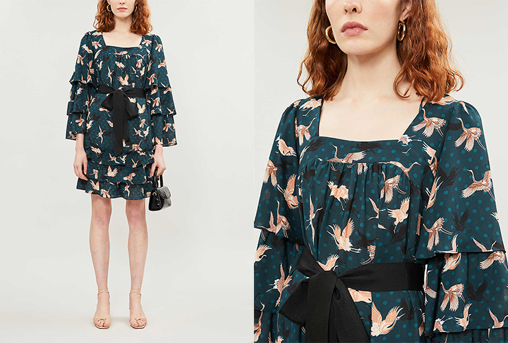 HAPPY X NATURE Bird-Print Ruffled Crepe Mini Dress